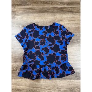 Halogen Blouse XS Blue Black Orange Floral Peplum Short Sleeve Zip Back Top